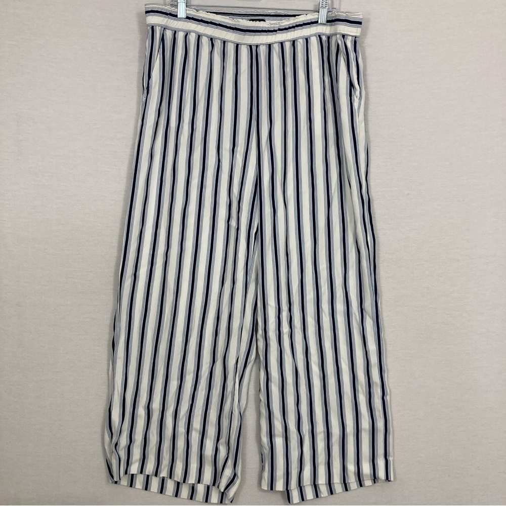 Ann Taylor LOFT‎ Blue White Striped Ultra Soft Rayon Comfy Wide Leg Pants Large